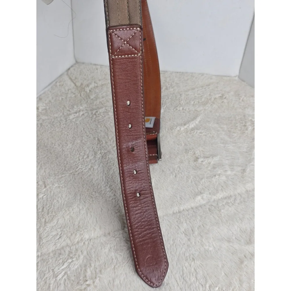 Carhartt Vintage M's Brown Genuine Leather Canvas Camo Belt Sz‎ 36 Triple Stitch